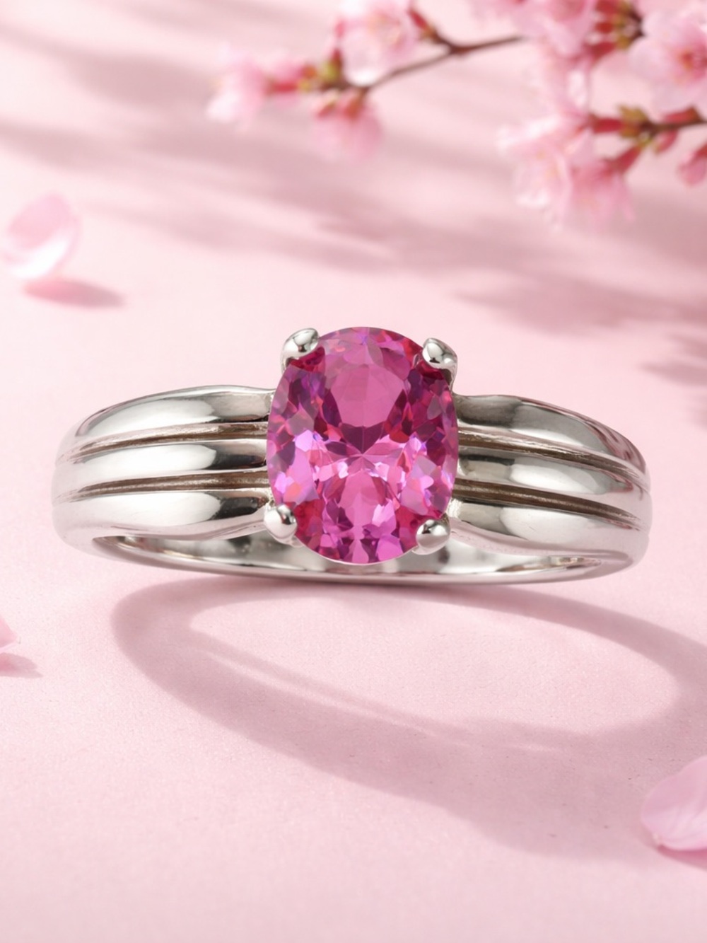 Oval Cut Lab Created Pink Gemstone Ring .925 Sterling Silver Size 7